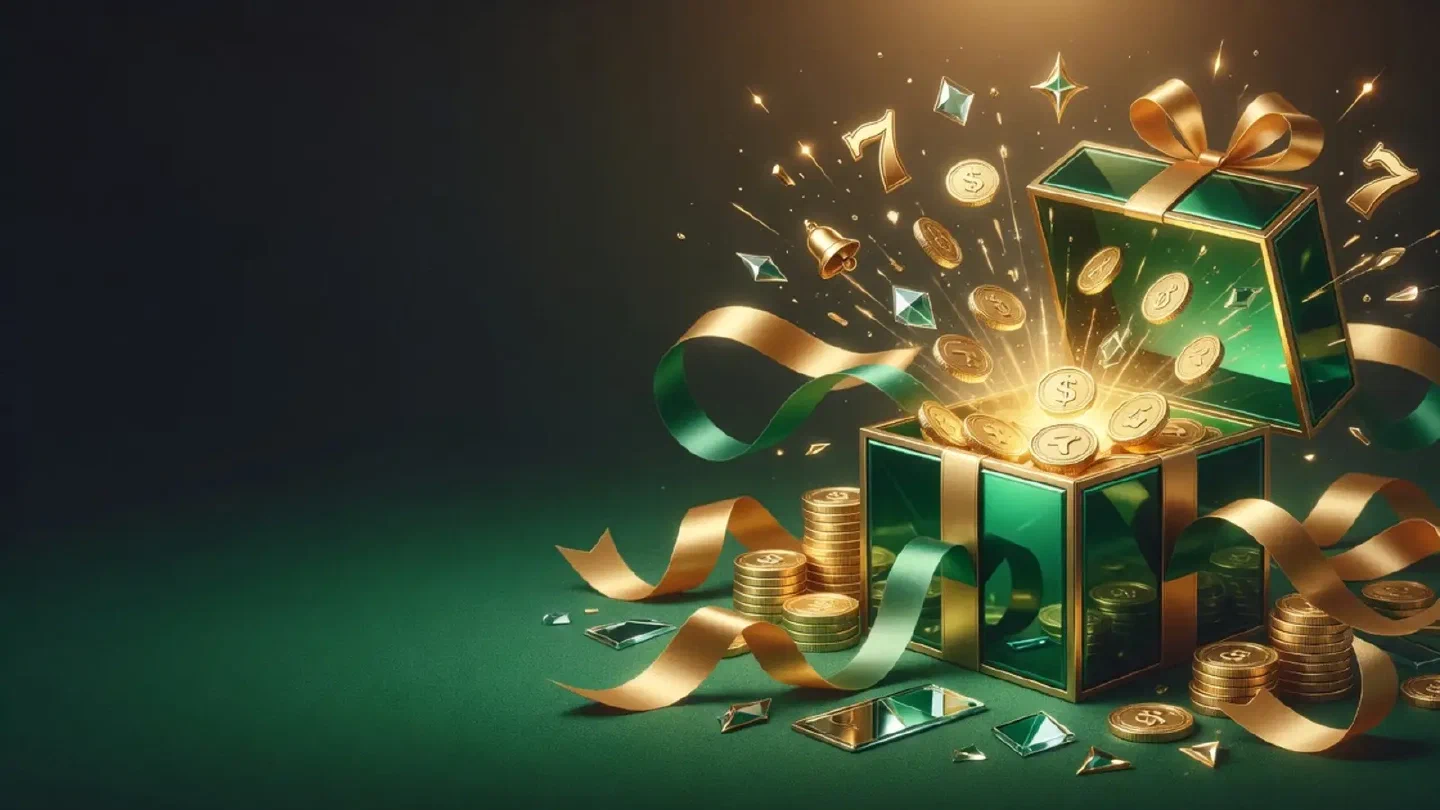 An open gift box releasing gold coins and slot symbols on a dark green background